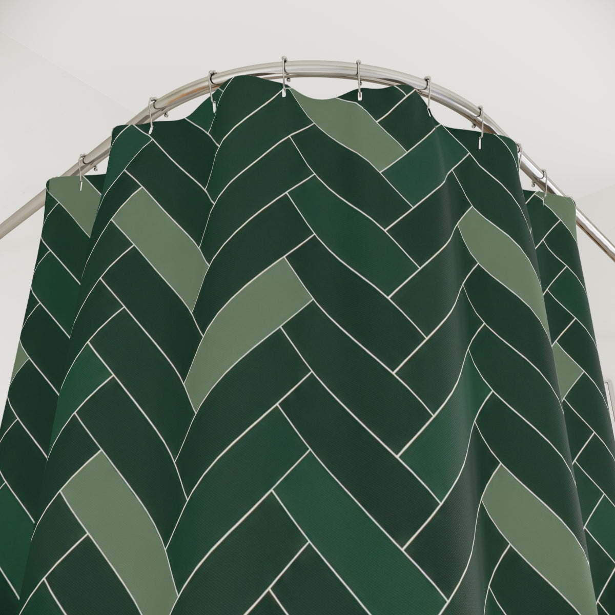 Dark green herringbone with sage bars and ivory lines shower curtain with close-up print, hooks, and folds