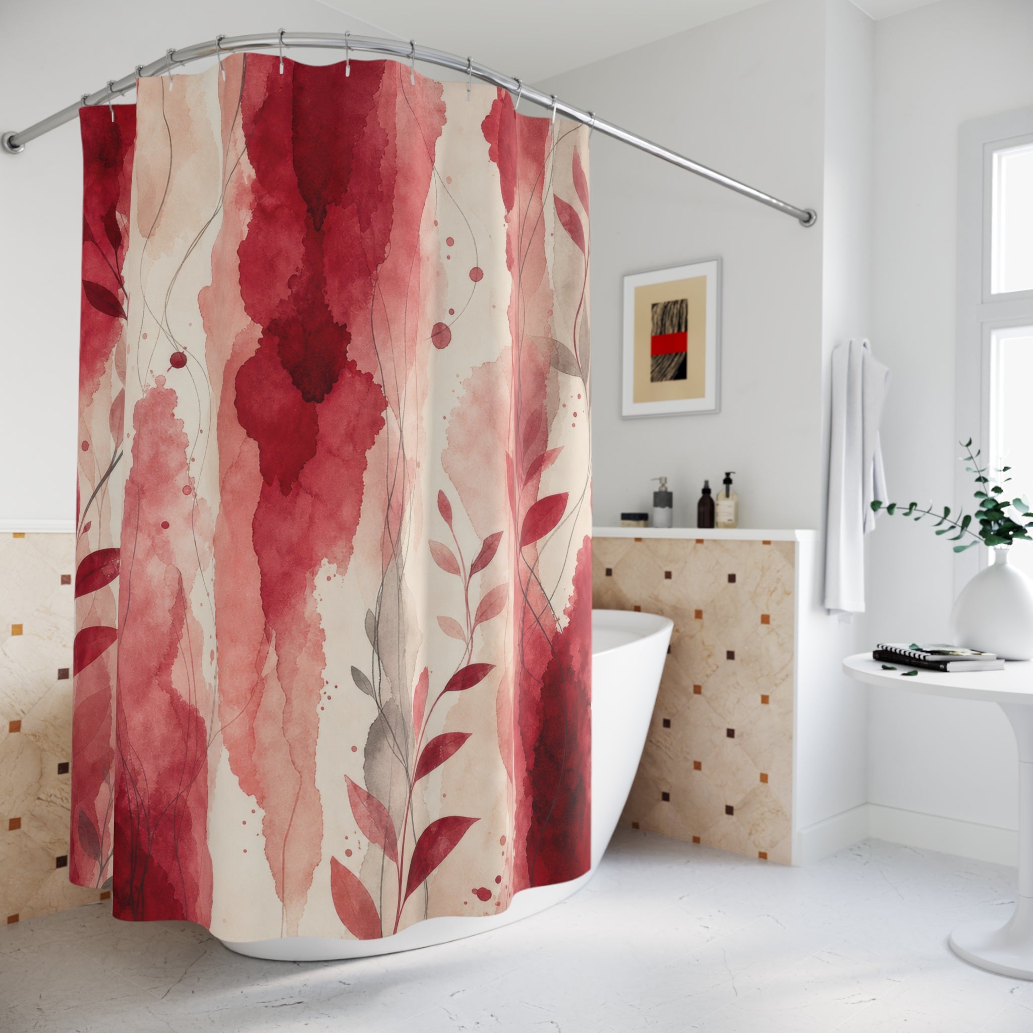 Watercolor Stripe Red Floral Shower Curtain