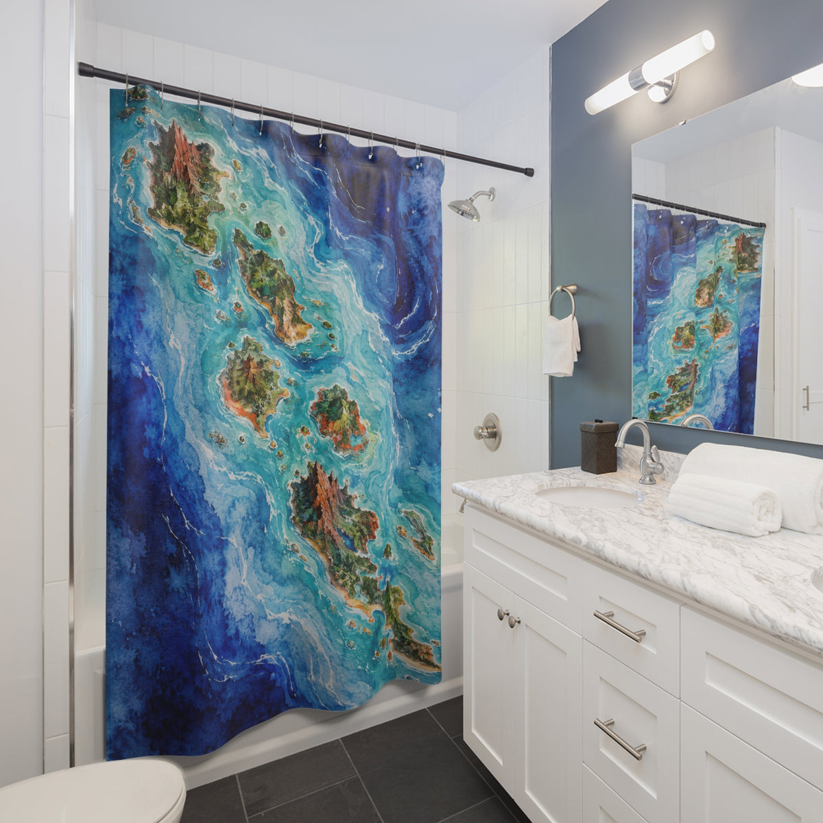 Blue archipelago watercolor map shower curtain beside a white vanity