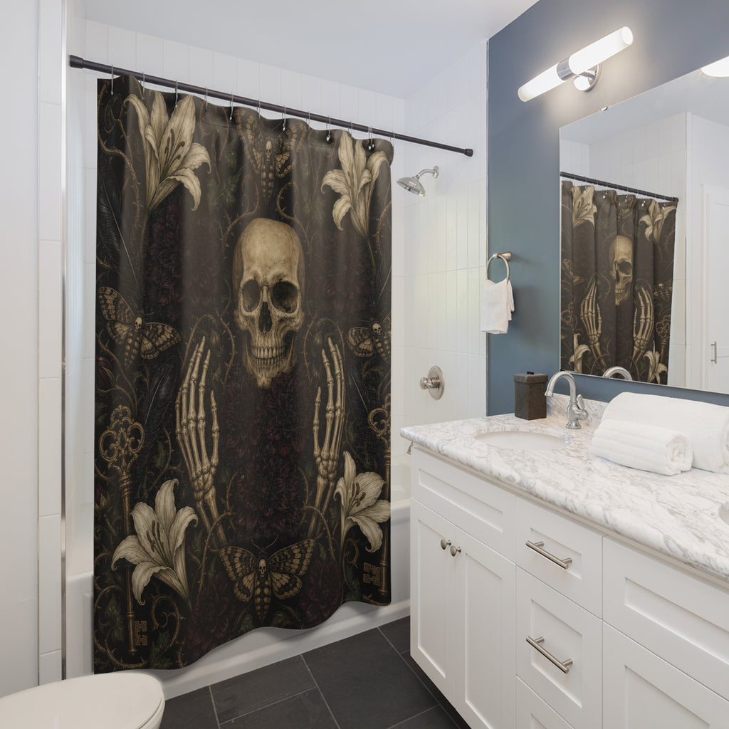 Macabre Shower Curtain, Memento Mori Skull and Dark Floral Garden