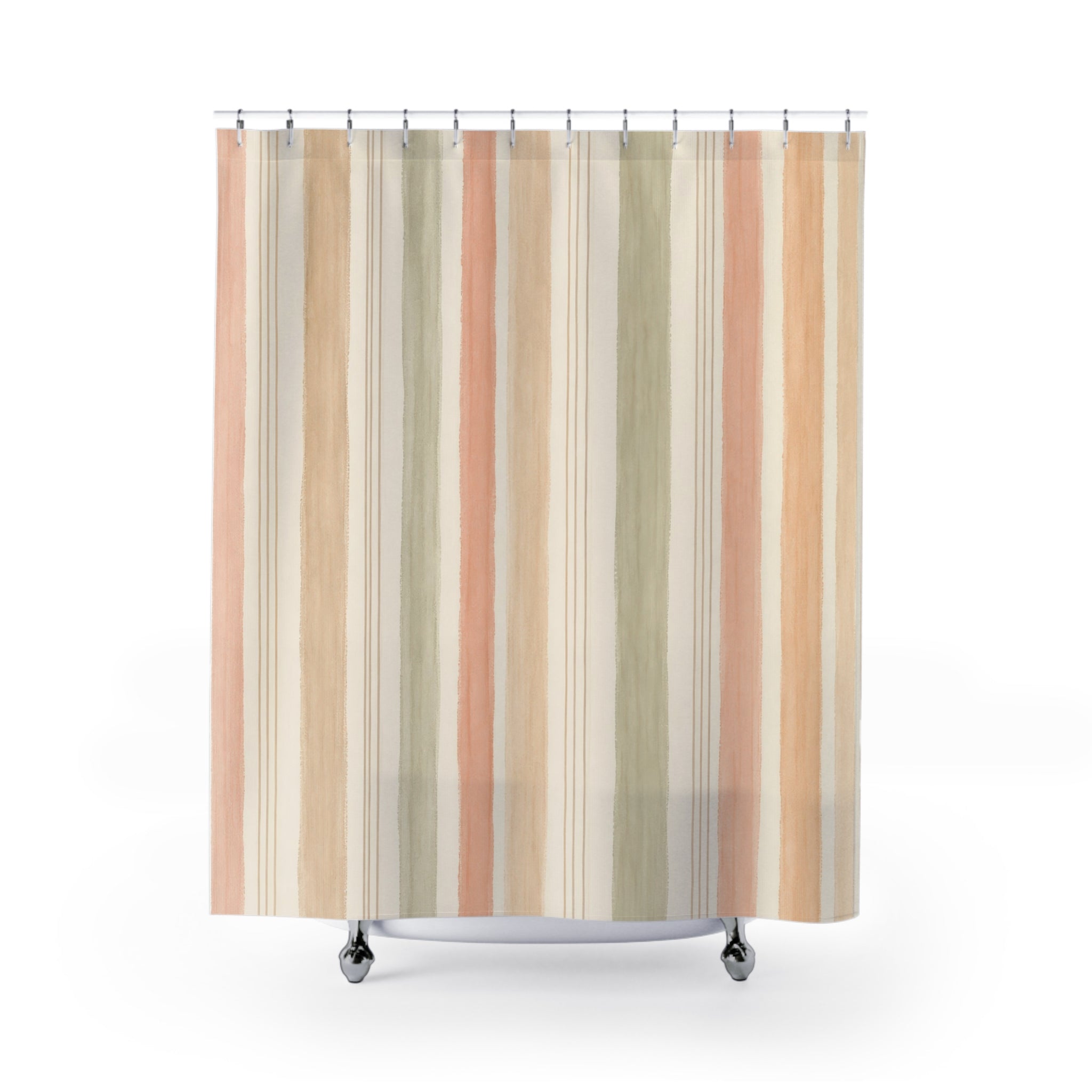 Peach Blush Soft Green Stripe Shower Curtain