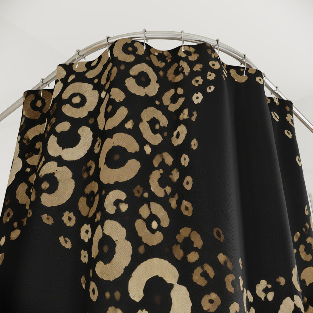 Champagne cheetah print around black portals shower curtain with close-up print, hooks, and folds
