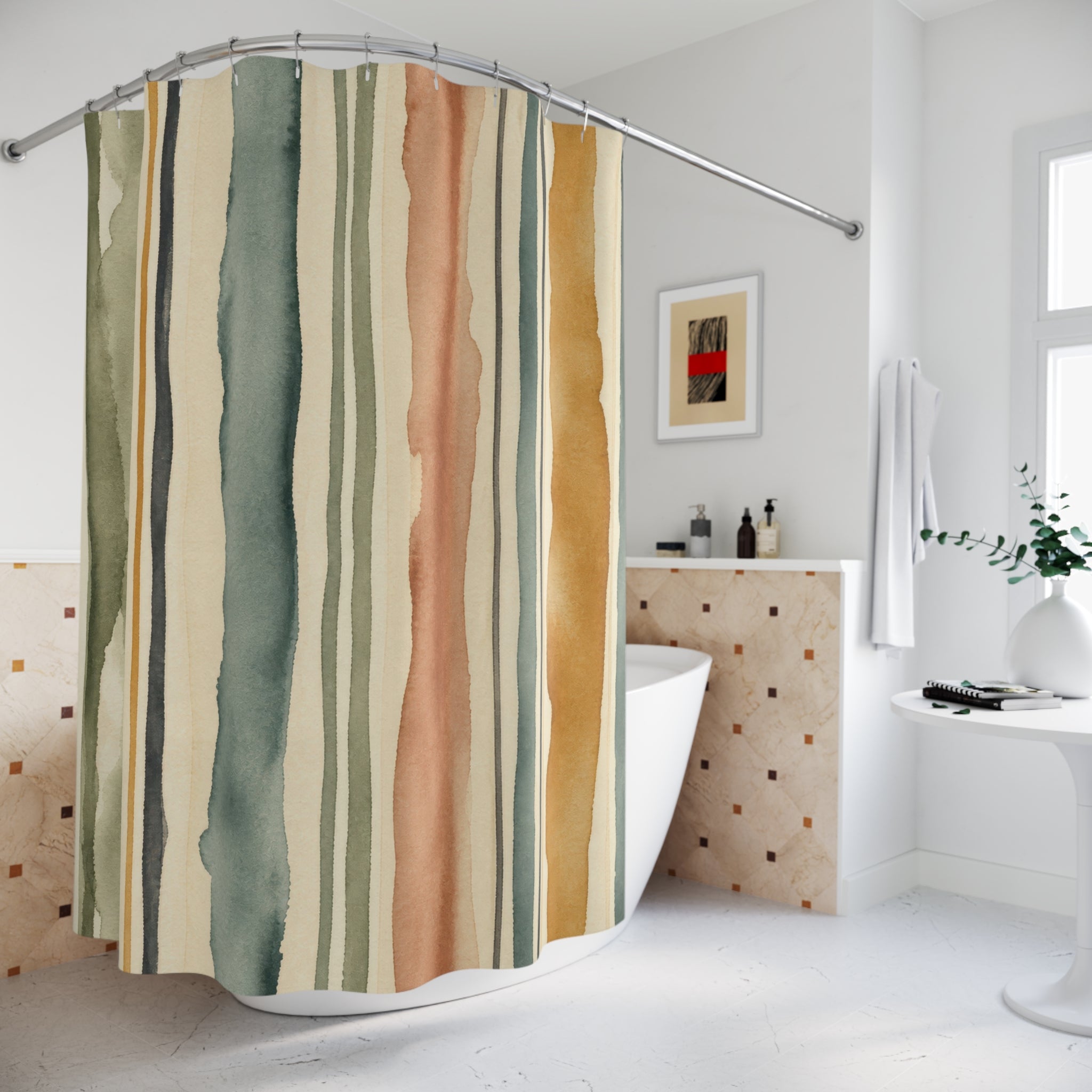 Sage Terracotta Mustard Watercolor Stripe Shower Curtain