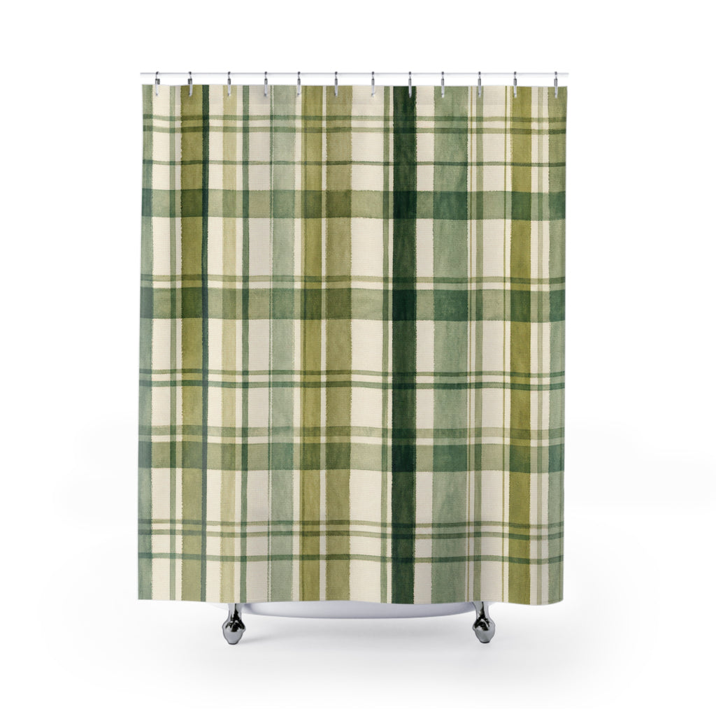 Olive Cream Farmhouse Check Shower Curtain