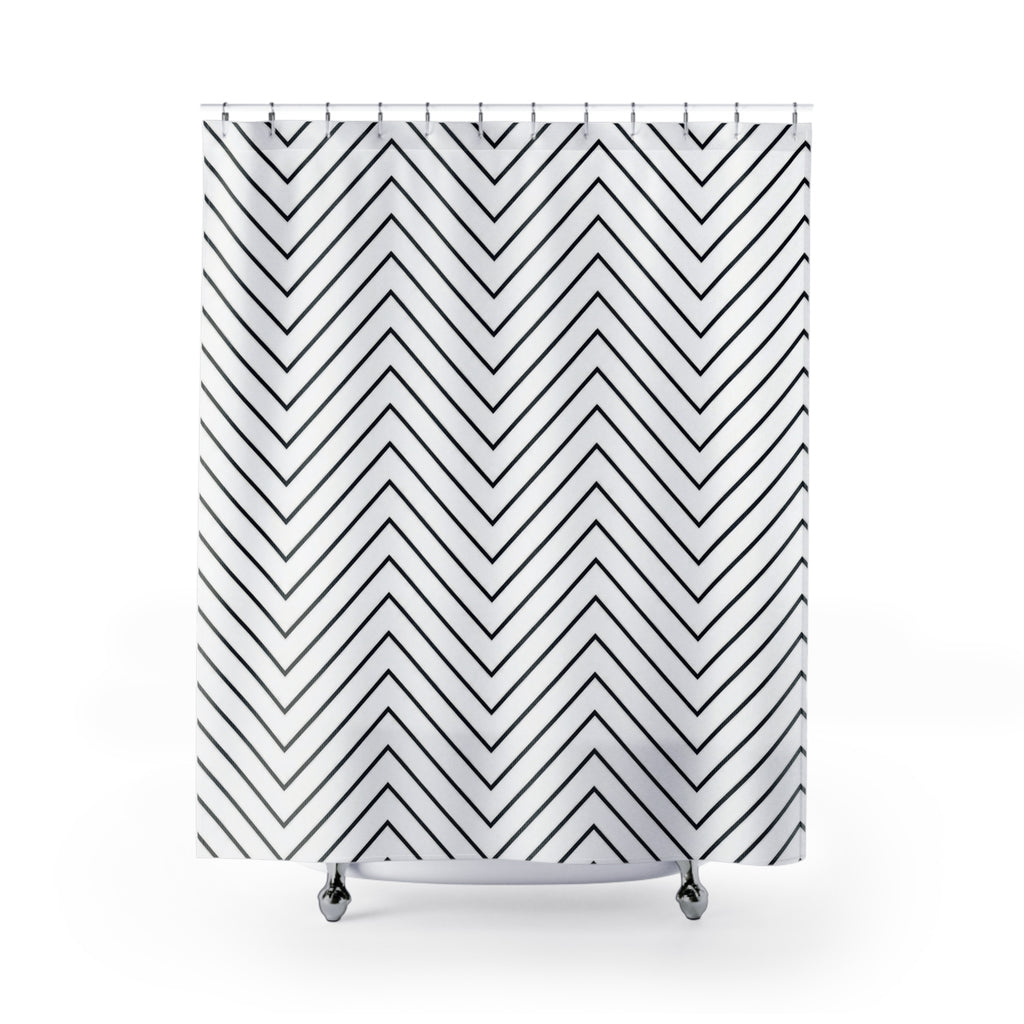 Thin black chevron zigzags on an open white ground shower curtain with full front view