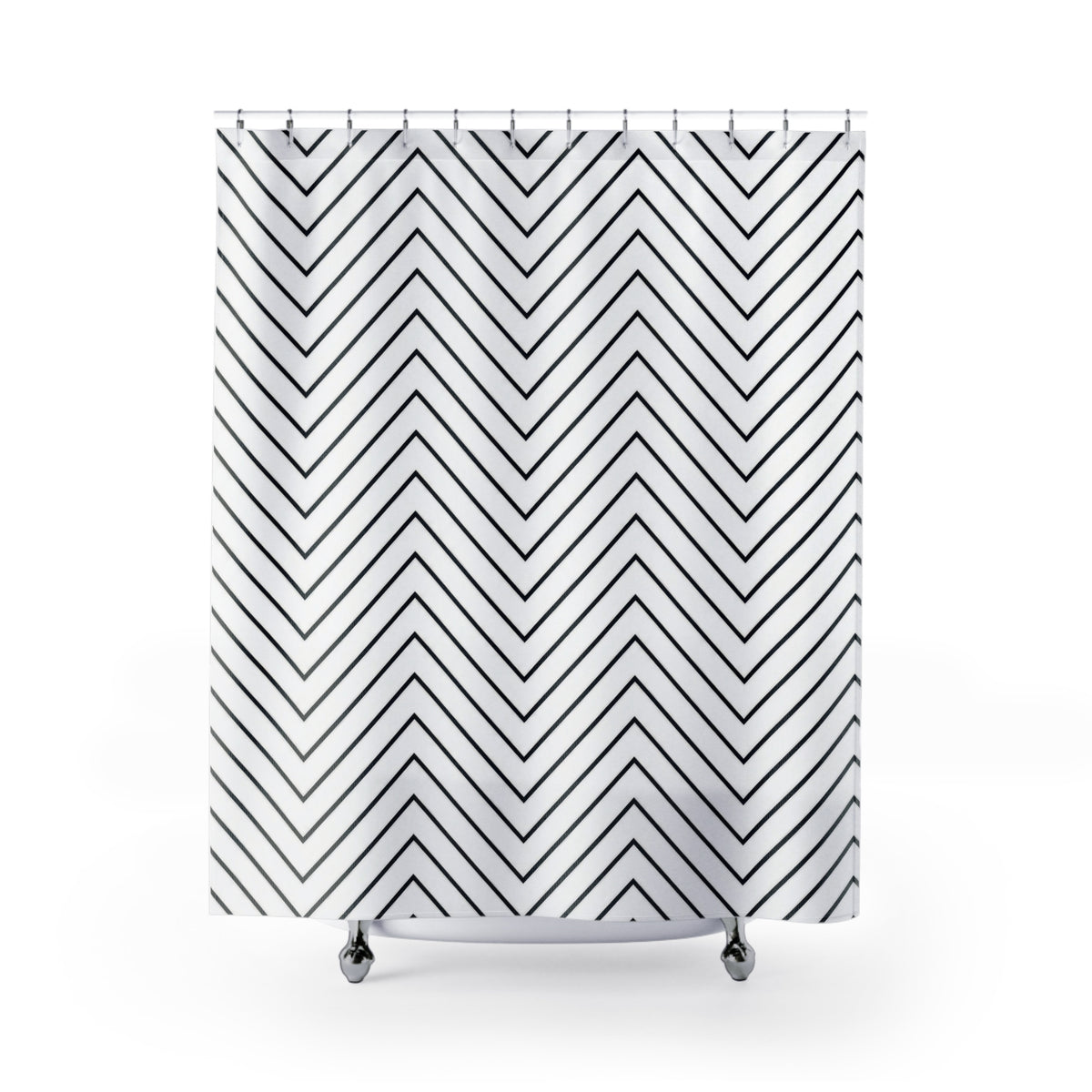 Thin black chevron zigzags on an open white ground shower curtain with full front view