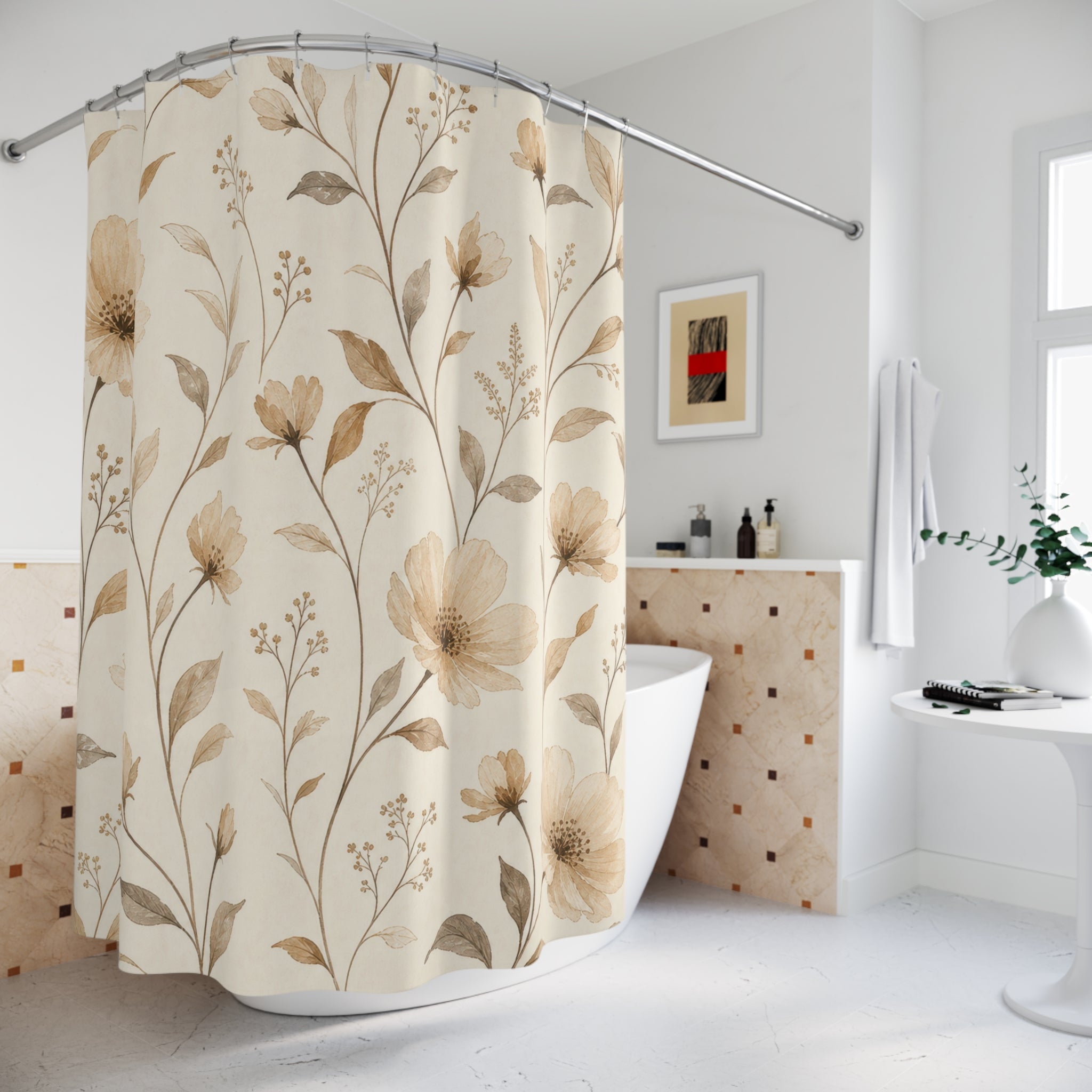 Beige Delicate Wildflower Stem Shower Curtain