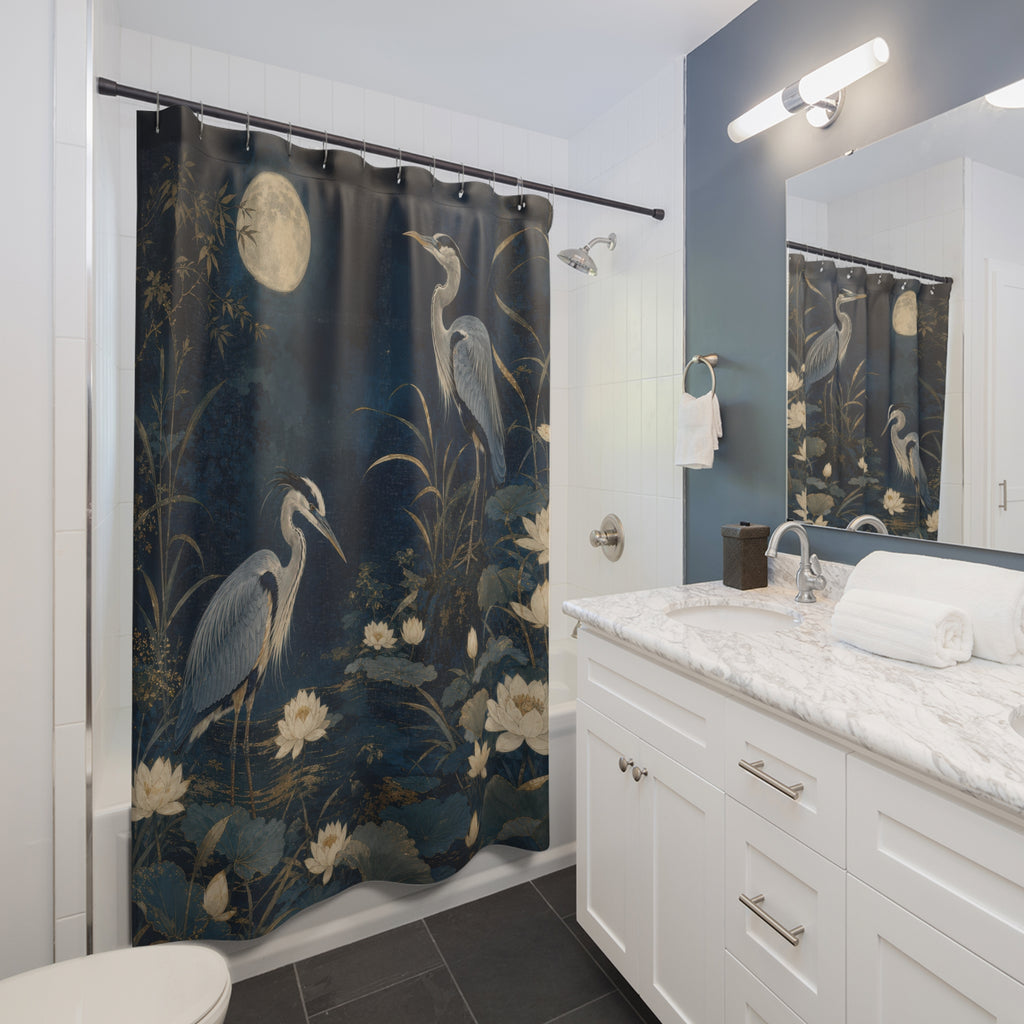 Moonlit Heron Garden Shower Curtain