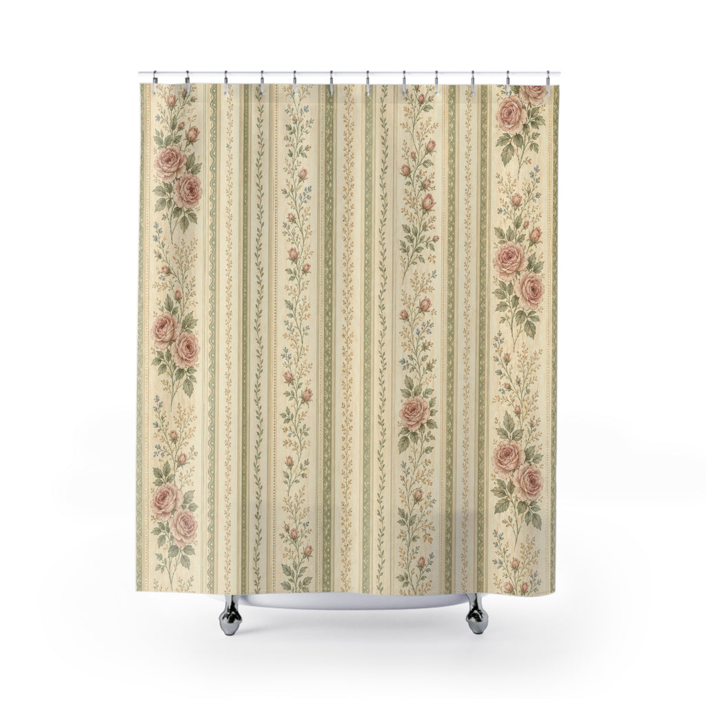 Sage Green Rose Stripe Farmhouse Shower Curtain
