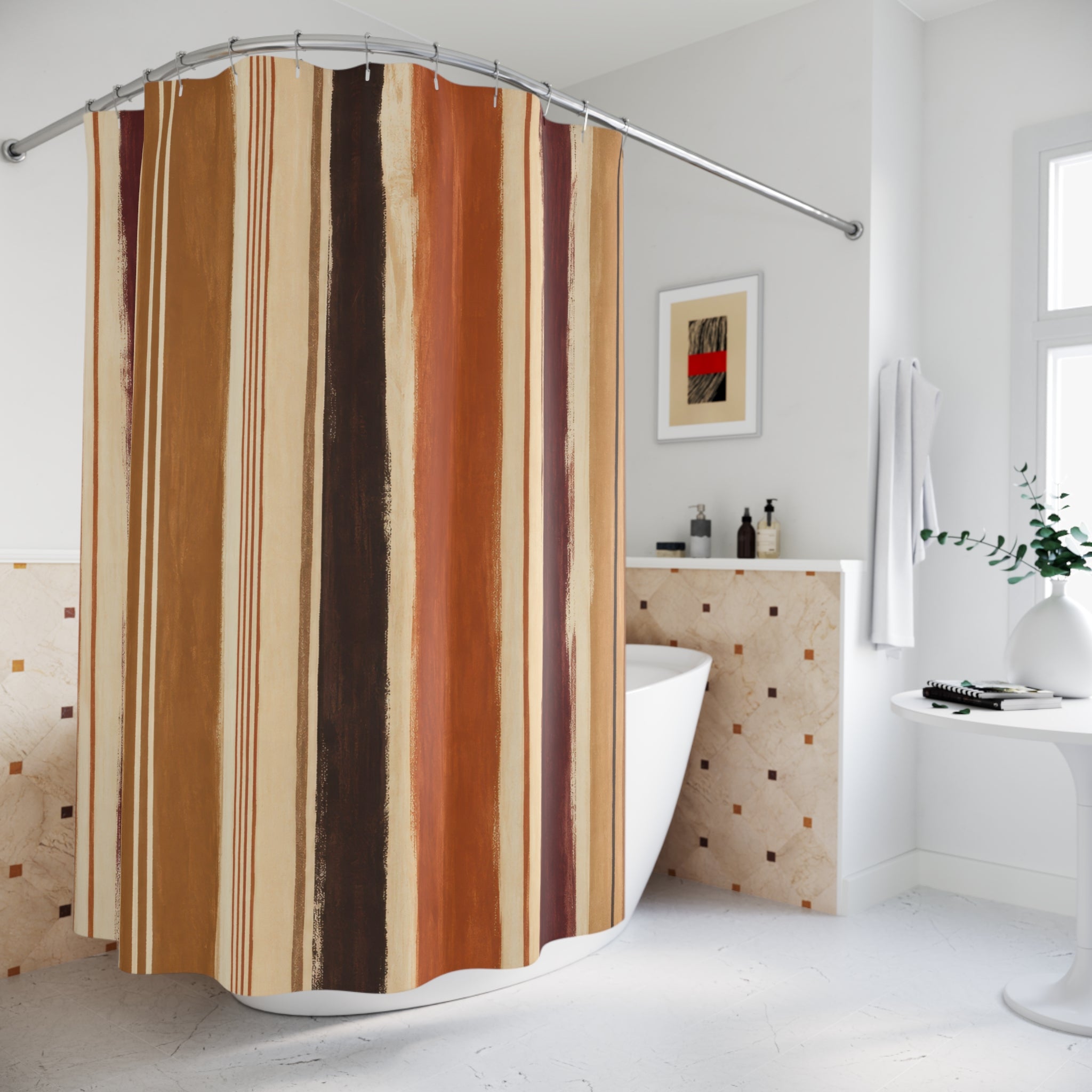 Tan Ivory Fine Pinstripe Shower Curtain