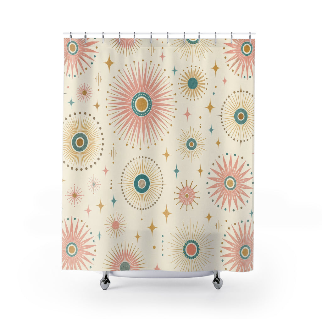 Retro Shower Curtain, Atomic Sunburst Circle Pattern, Teal Coral Mid Century Bathroom Decor, Guest Bath Wall Gift Idea For Home Style