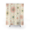 Retro Shower Curtain, Atomic Sunburst Circle Pattern, Teal Coral Mid Century Bathroom Decor, Guest Bath Wall Gift Idea For Home Style