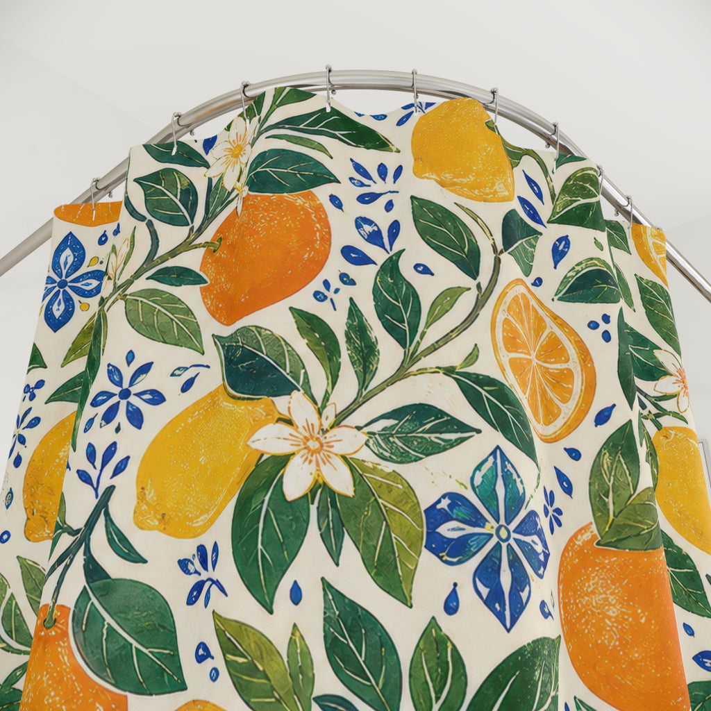 Unique Orange Shower Curtain, Citrus Botanical Pattern, Lemon Orange Branch Decor, Fresh Green White Guest Bath, Summer Fruit Decor