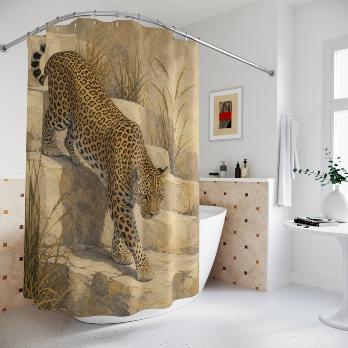 Leopard on Stone Steps Shower Curtain