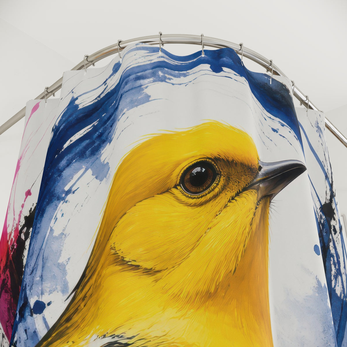 Expressive yellow bird with blue painted halo shower curtain with close-up print, hooks, and folds