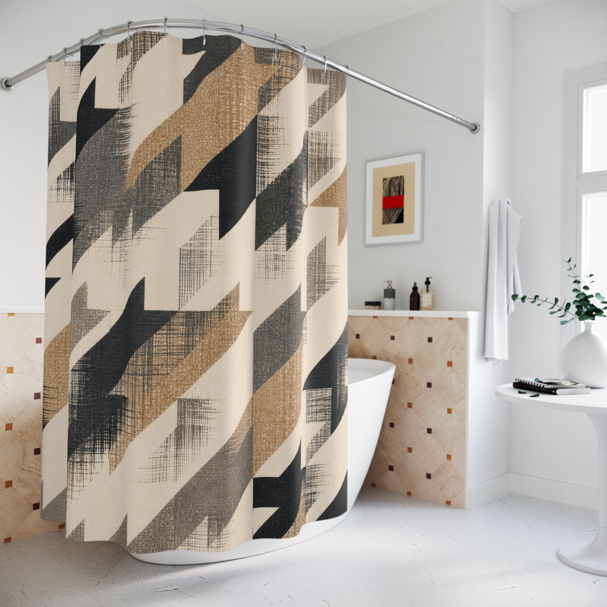 Houndstooth Shower Curtain, Black Beige Broken Check Bath Decor, Oversized Diagonal Pattern, Bold Modern Neutral Guest Bathroom Decor