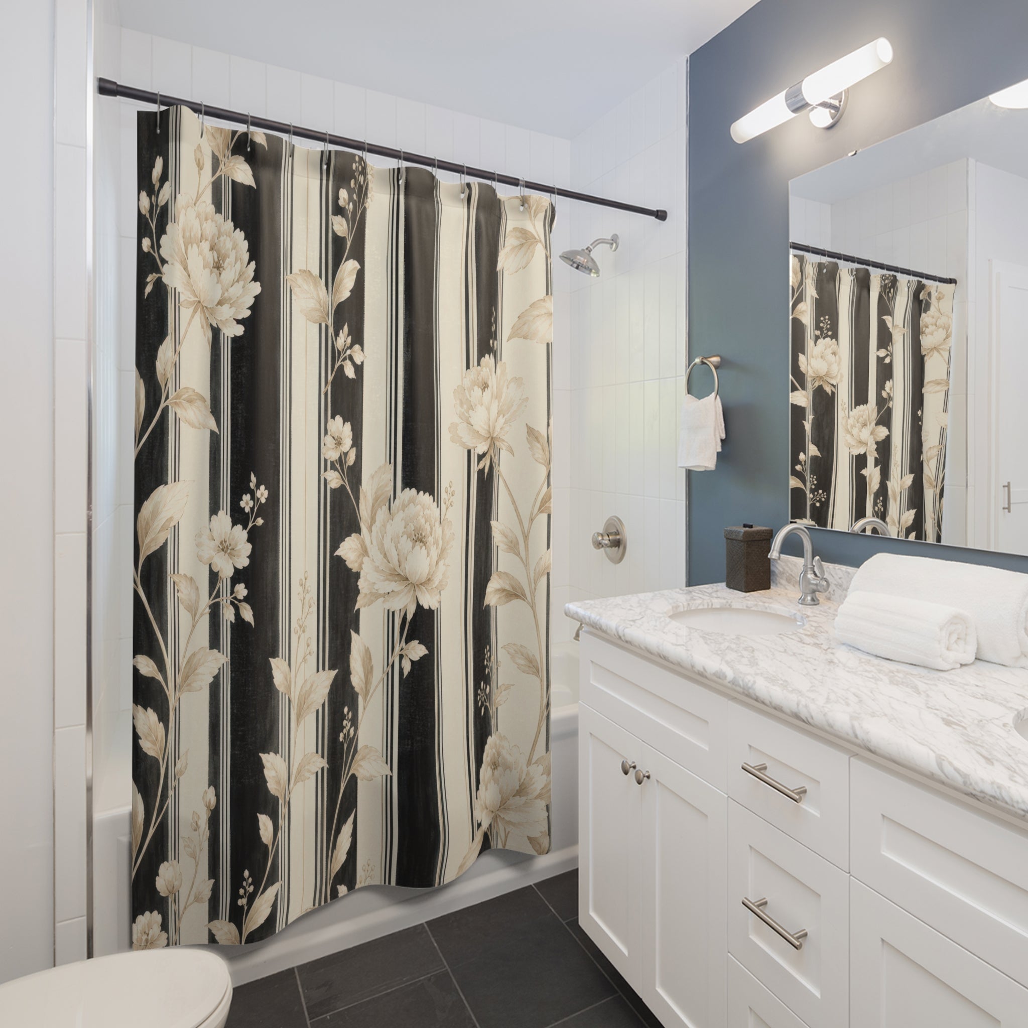 Cream Flower Stripe Shower Curtain