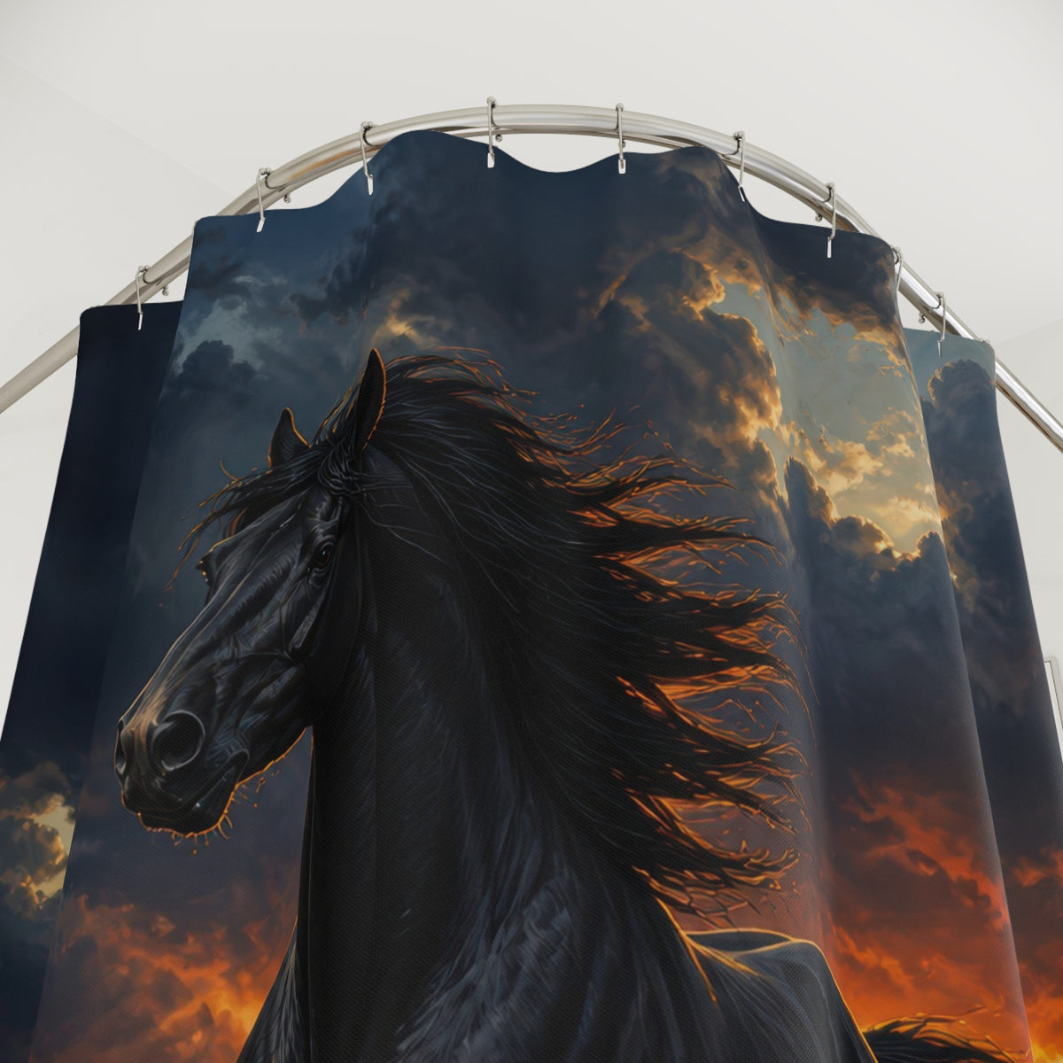 Black wild horse running across a storm-lit mesa ridge shower curtain with close-up print, hooks, and folds