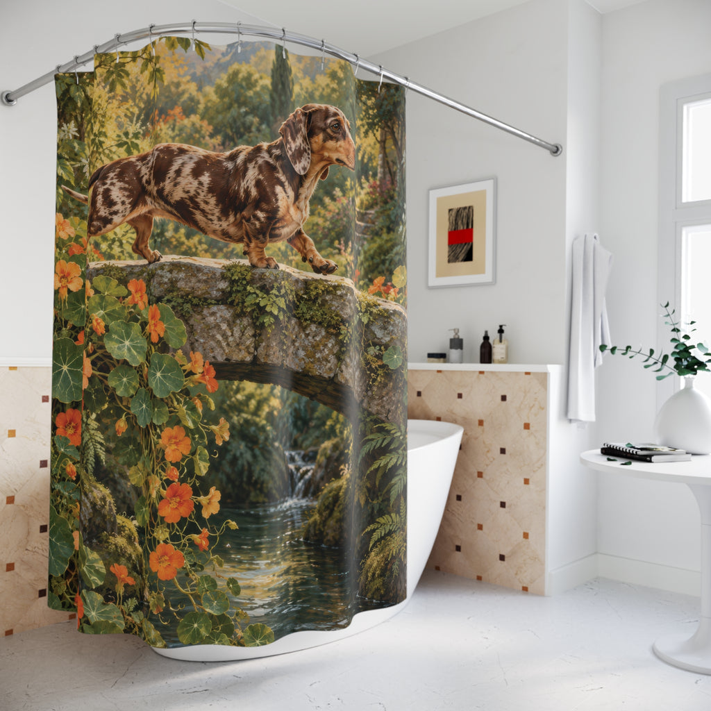 Dapple dachshund on a garden bridge shower curtain beside a freestanding tub