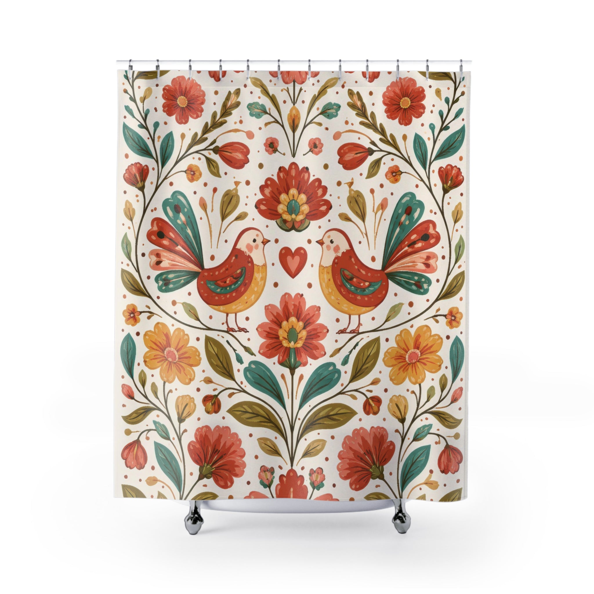 Folk Art Bird Shower Curtain – Teal and Terracotta