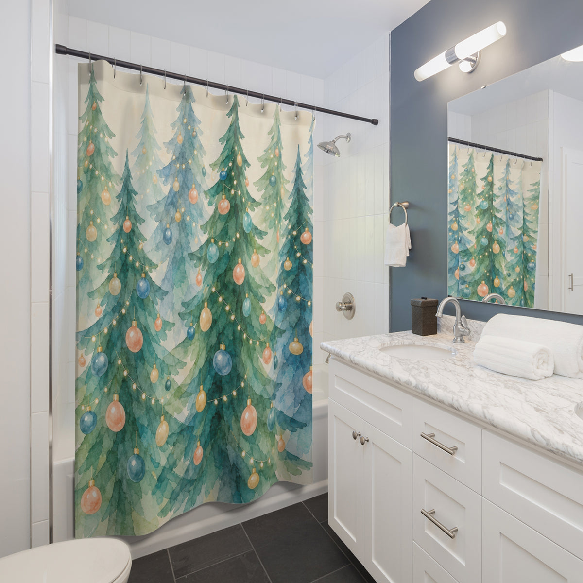 Teal and blue Christmas trees with peach baubles shower curtain beside a white vanity