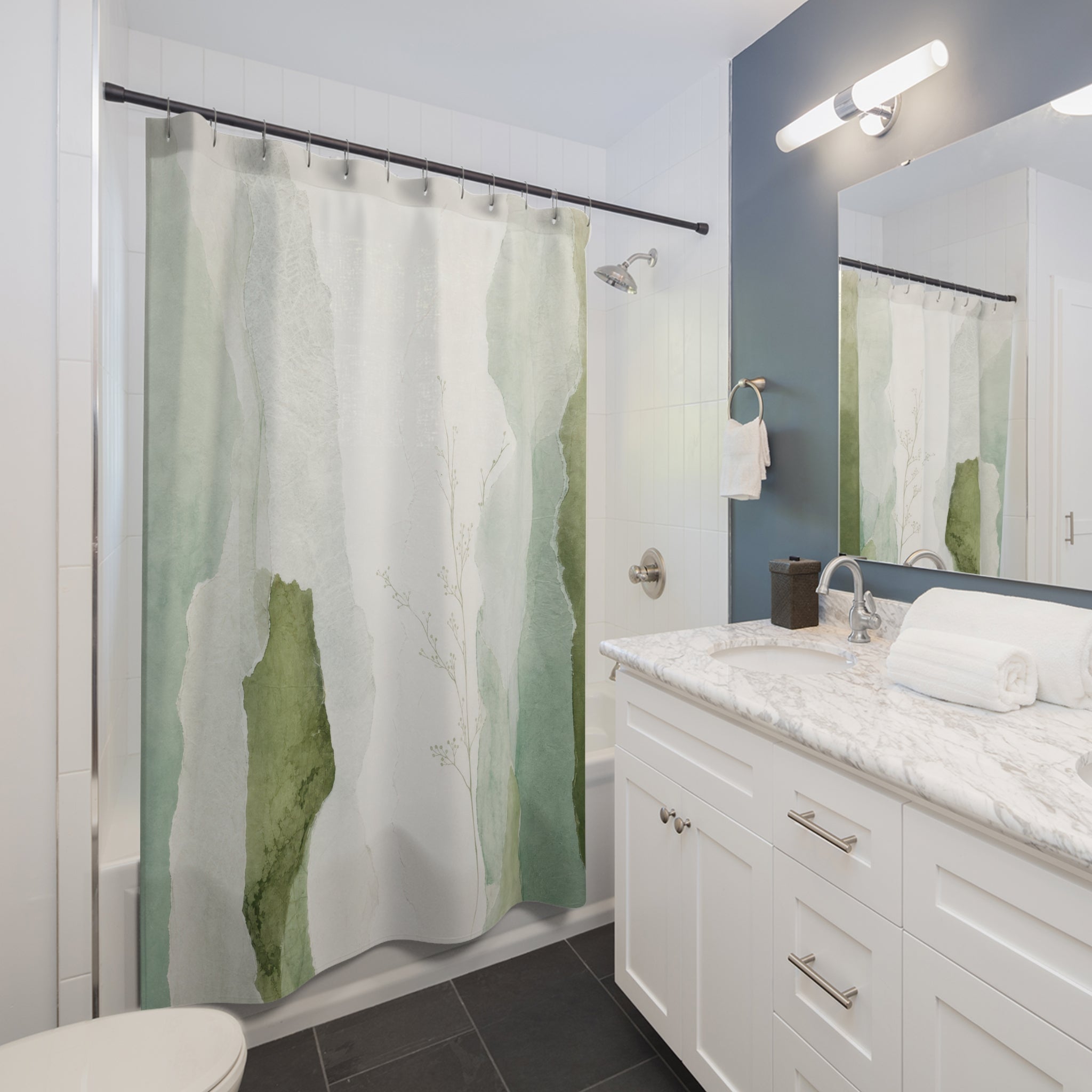 Watercolor Leaf Green White Shower Curtain