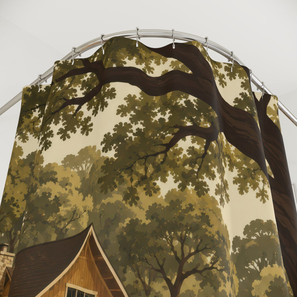 Ochre cabin under an olive oak canopy shower curtain with close-up print, hooks, and folds