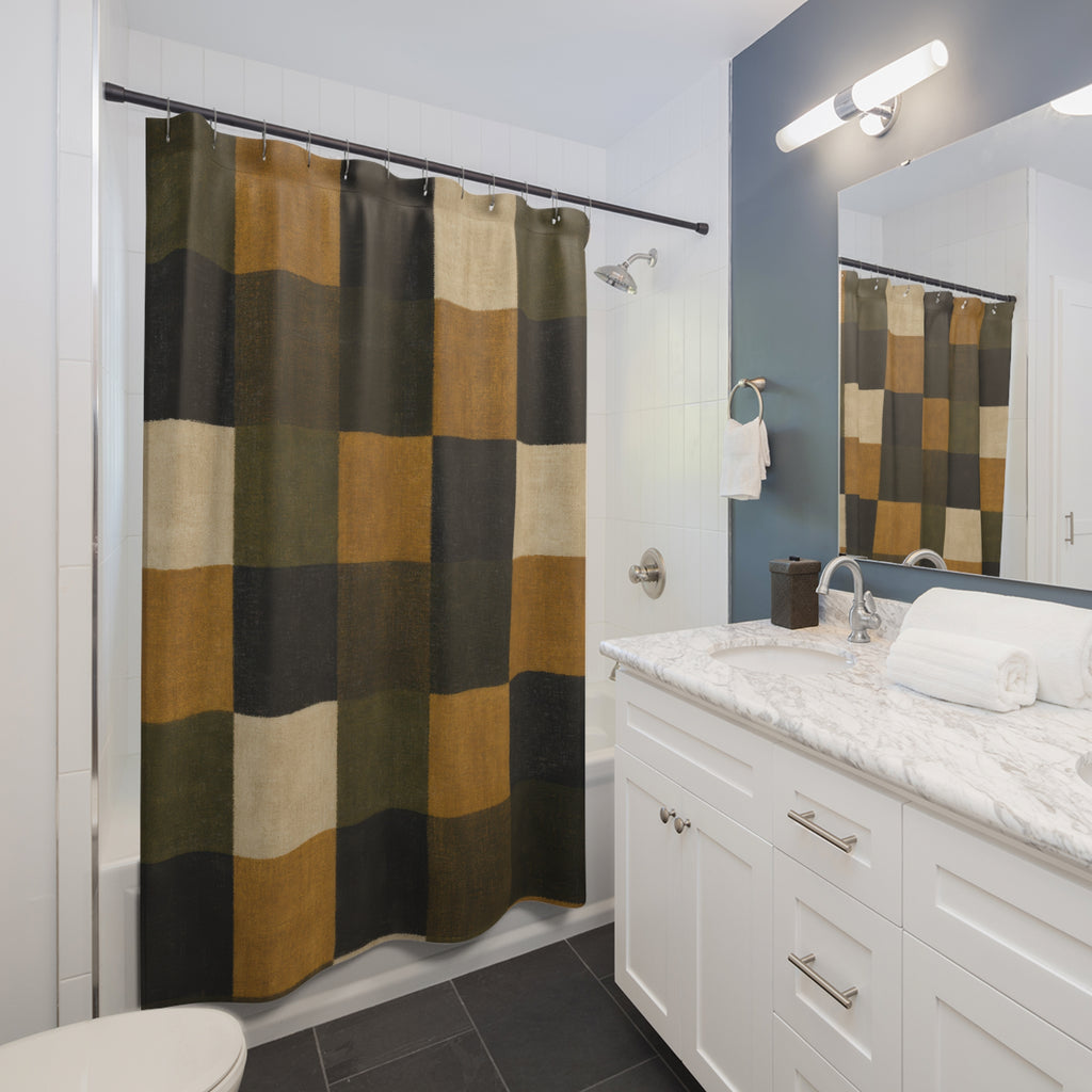 Green Plaid Shower Curtain, Brown Gold Farmhouse Bath Decor, Dark Olive Checkered Pattern, Rustic Earth Tone Guest Bathroom Decor Style