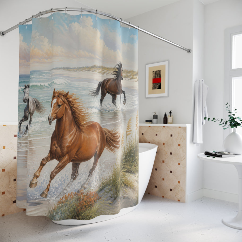 Three wild horses galloping through coastal surf shower curtain beside a freestanding tub