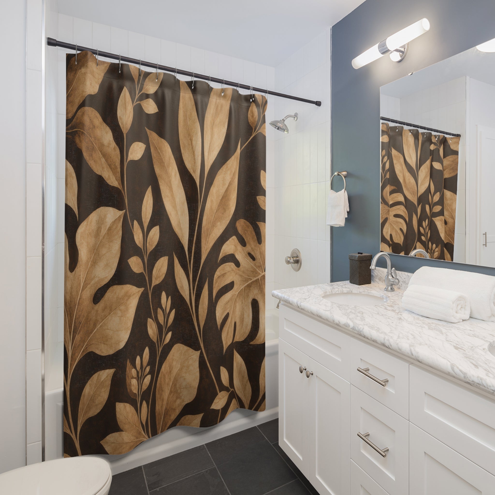 Black Brown Monstera Leaf Shower Curtain