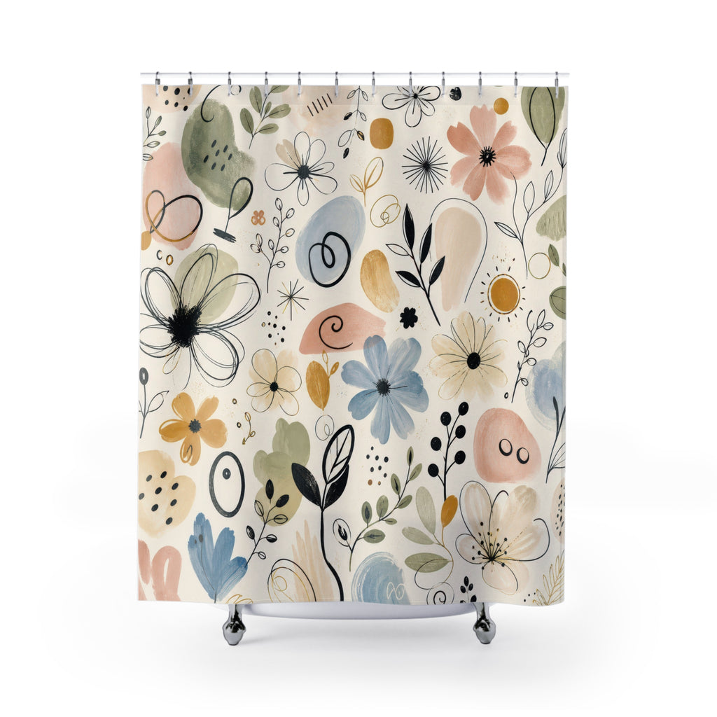 Painterly Doodle Shower Curtain, Hand Drawn Botanical Flower Bath Decor, Black Ivory Sage Blush Abstract Guest Bathroom Style Decor