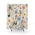 Painterly Doodle Shower Curtain, Hand Drawn Botanical Flower Bath Decor, Black Ivory Sage Blush Abstract Guest Bathroom Style Decor