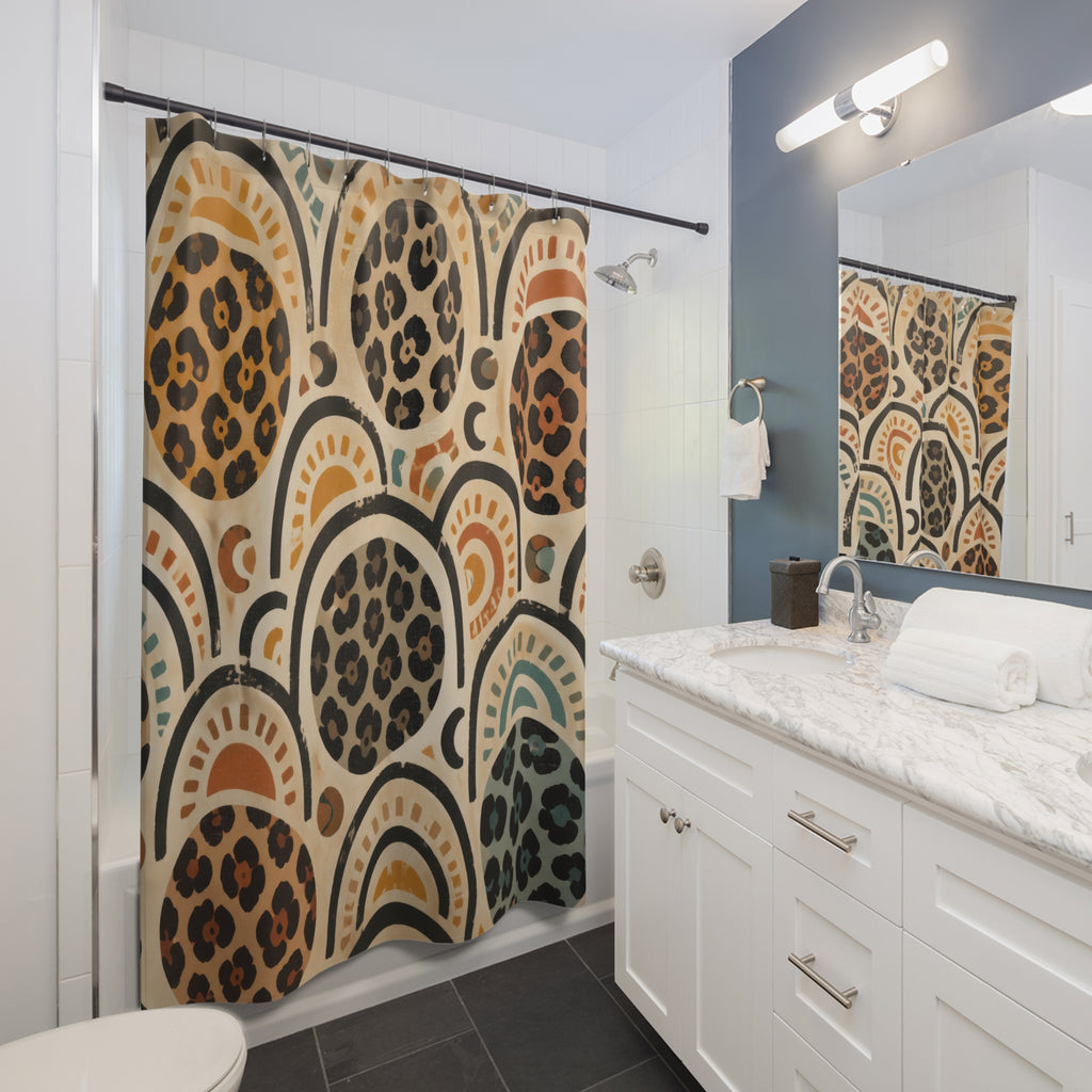 Cheetah print inside terracotta and teal boho arches shower curtain beside a white vanity