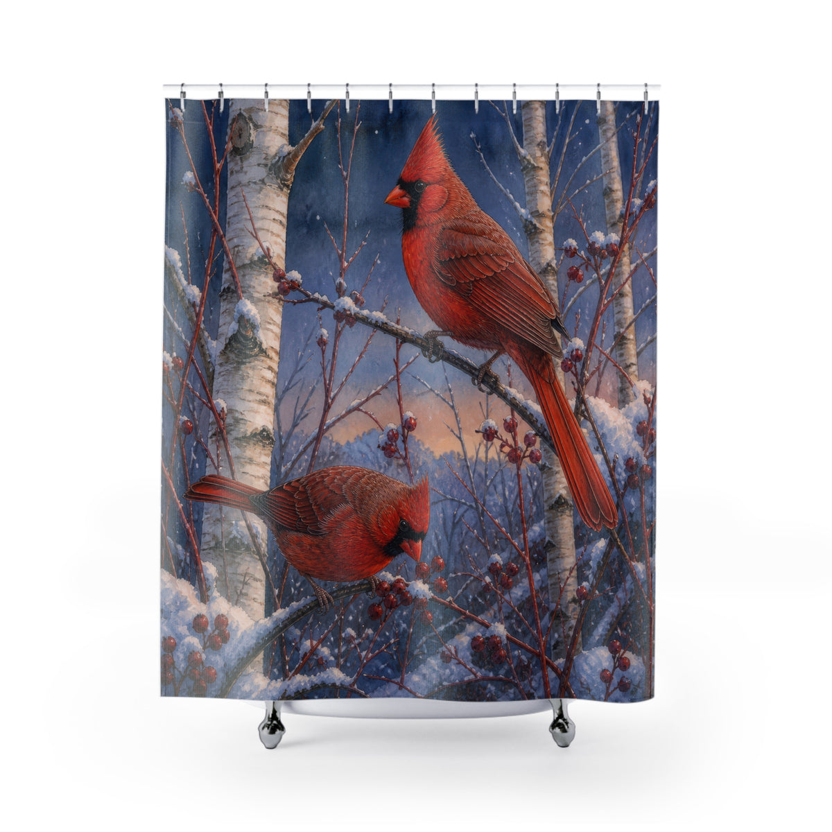 Two cardinals among snowy birches shower curtain with full front view