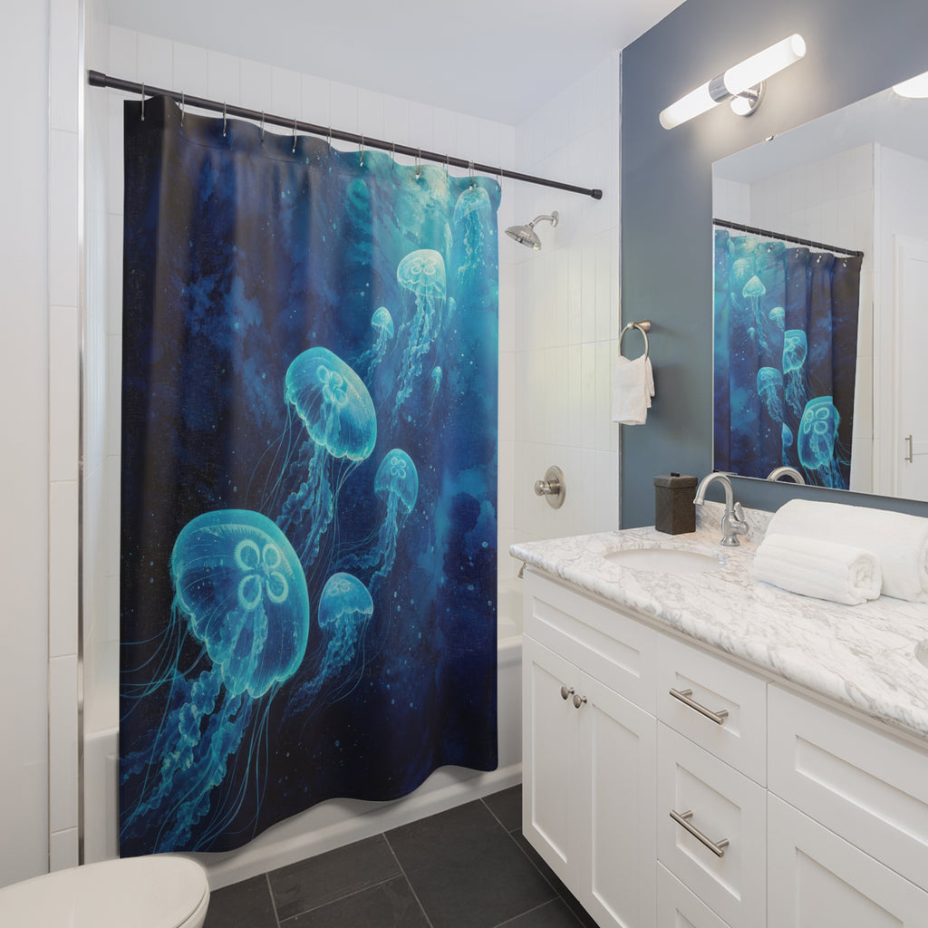 Luminous Teal Jellyfish Shower Curtain
