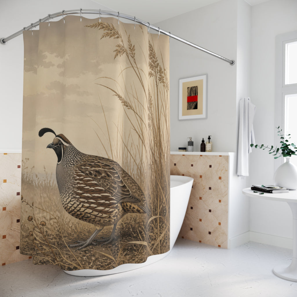 Patterned quail standing among tall taupe dried meadow grasses shower curtain beside a freestanding tub