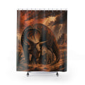 Triceratops mother and calf in a stormy canyon shower curtain with full front view