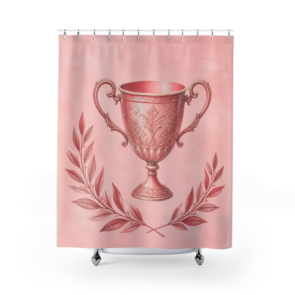 Ornate blush pink trophy cup framed by laurel branches shower curtain with full front view