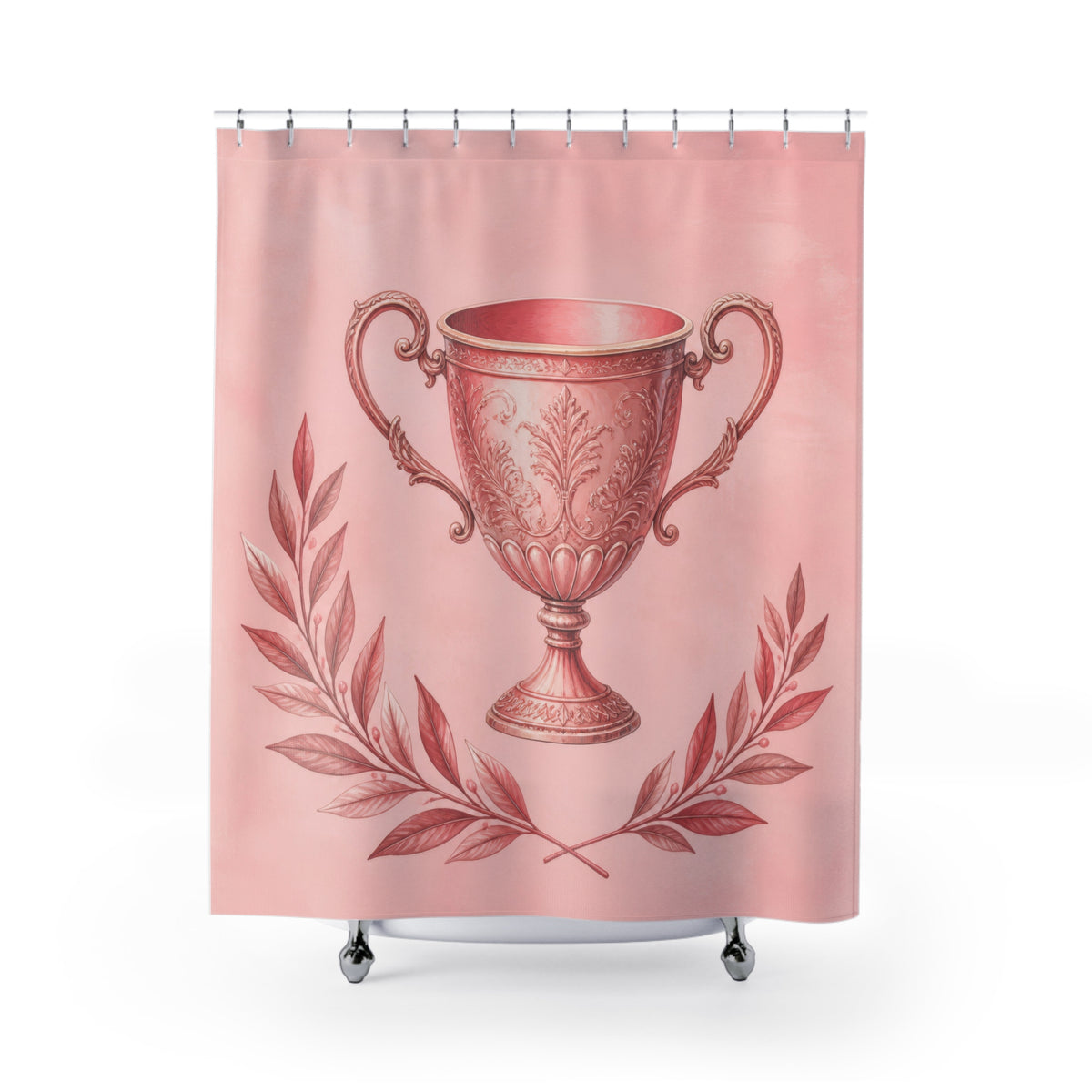 Ornate blush pink trophy cup framed by laurel branches shower curtain with full front view