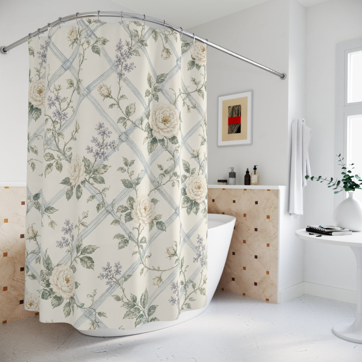 French Country Rose Trellis floral shower curtain beside a freestanding tub