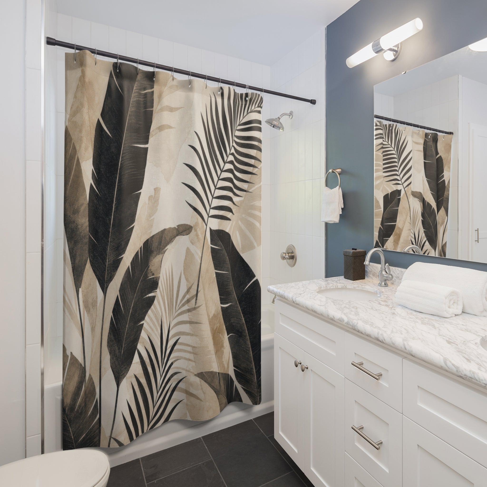 Black Beige Tropical Botanical Shower Curtain
