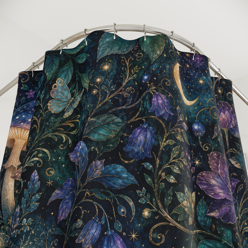 Fantasy Shower Curtain: Moon Mushroom Forest Pattern