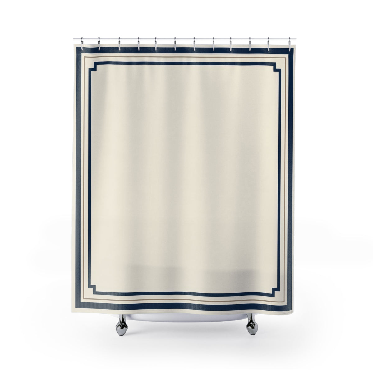 Navy stepped borders around an ivory center shower curtain with full front view
