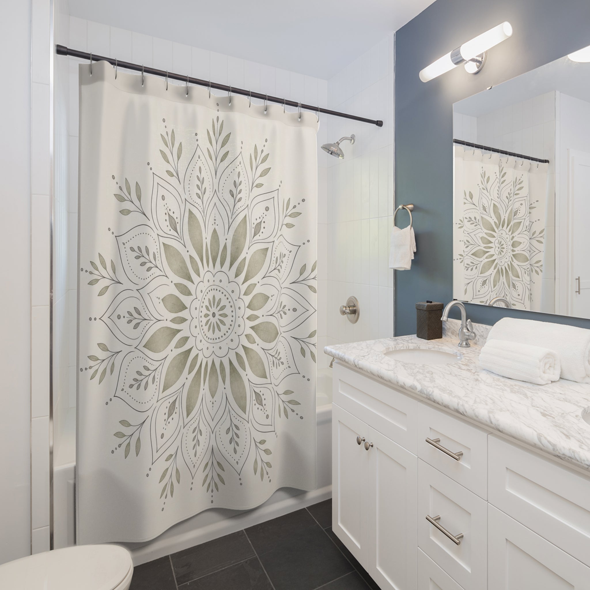 Sage Cream Floral Medallion Shower Curtain