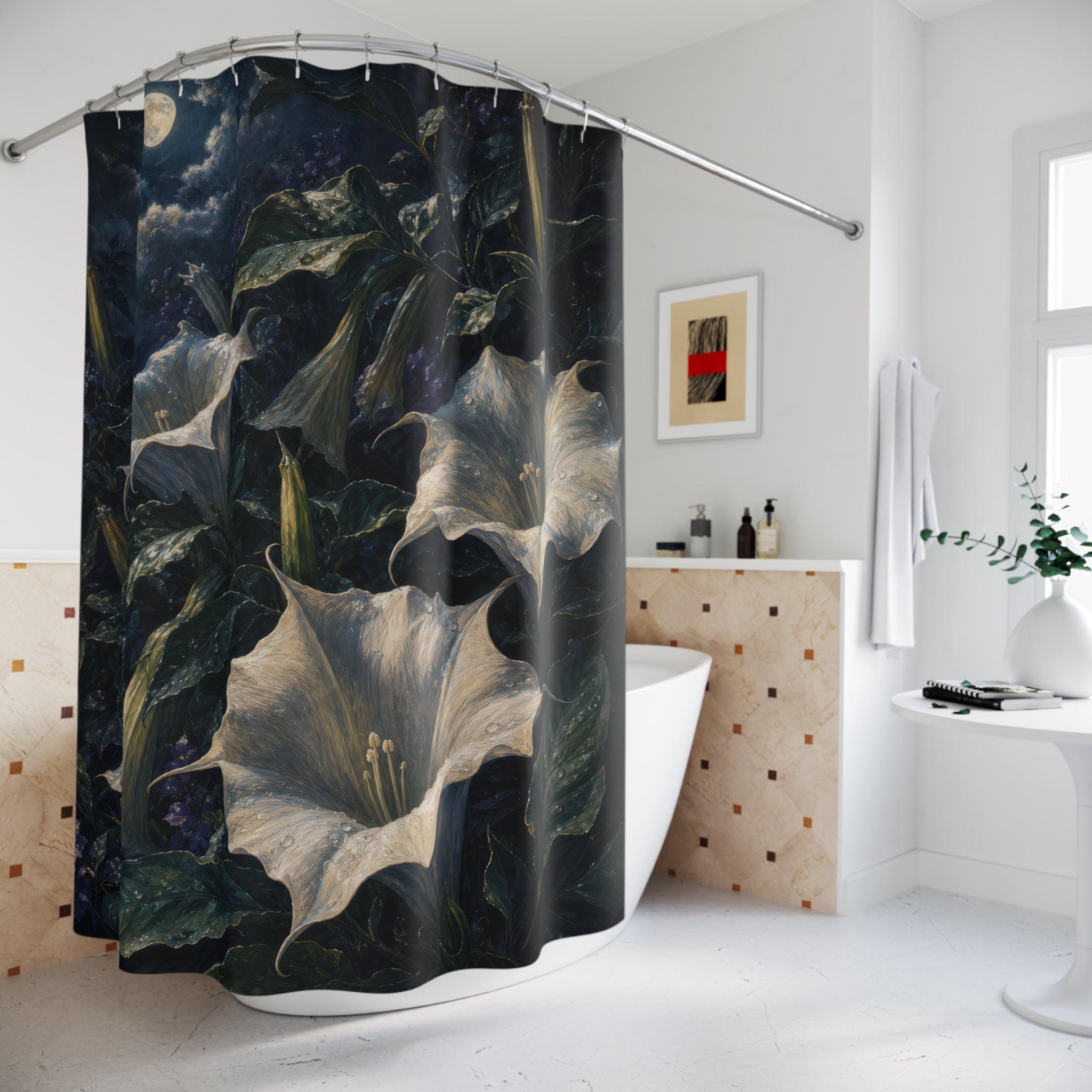 Dark Oil Moonlit Datura Shower Curtain
