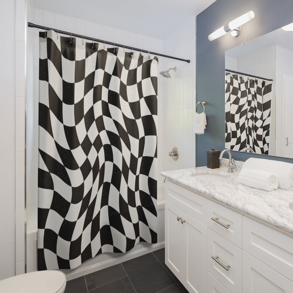 Black White Wavy Check Shower Curtain