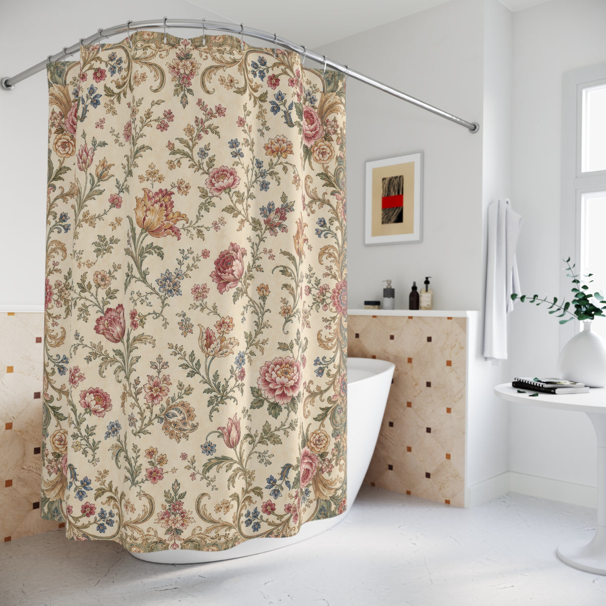 Pink Rose Ornate Border vintage shower curtain beside a freestanding tub
