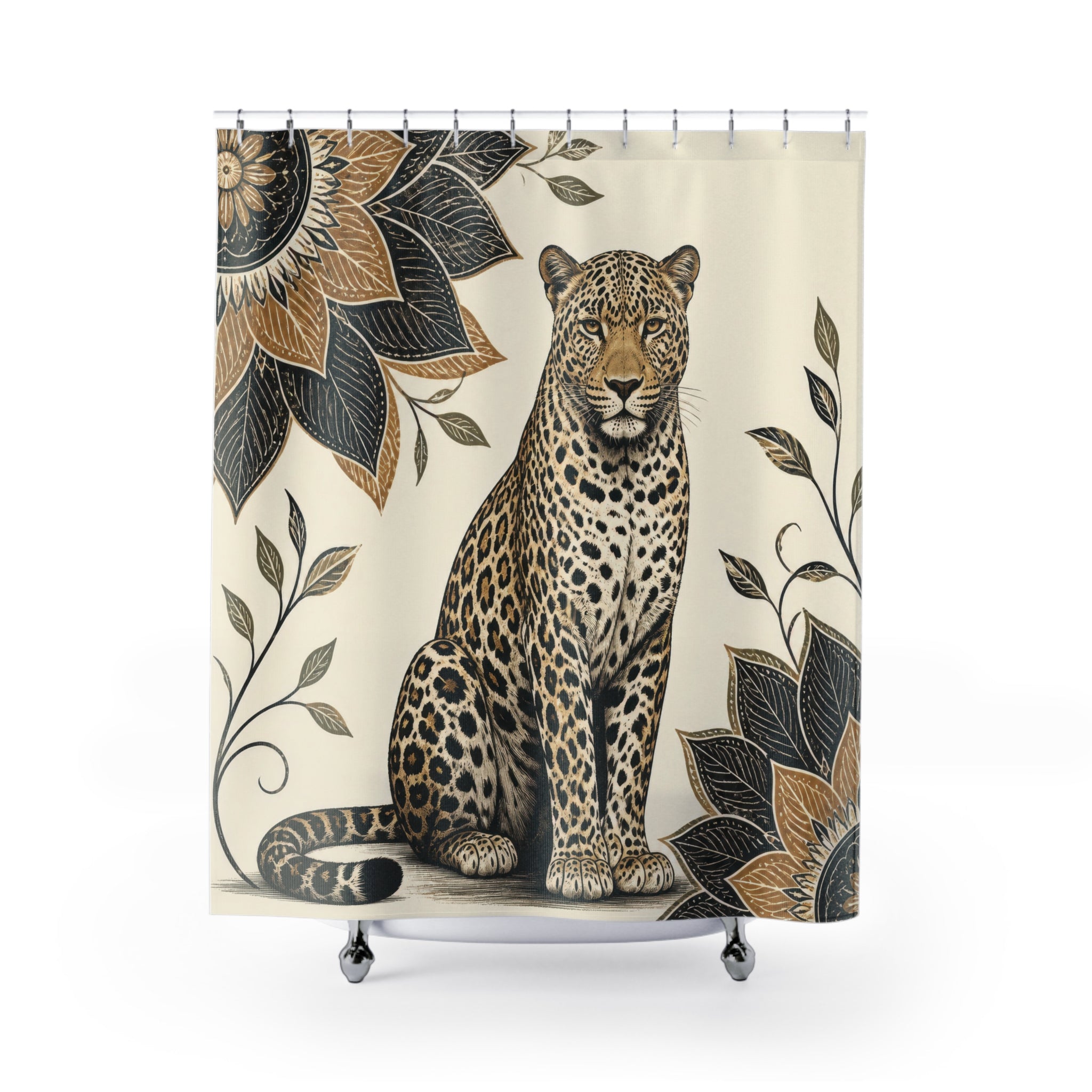 Folk botanical seated leopard portrait shower curtain with full front view