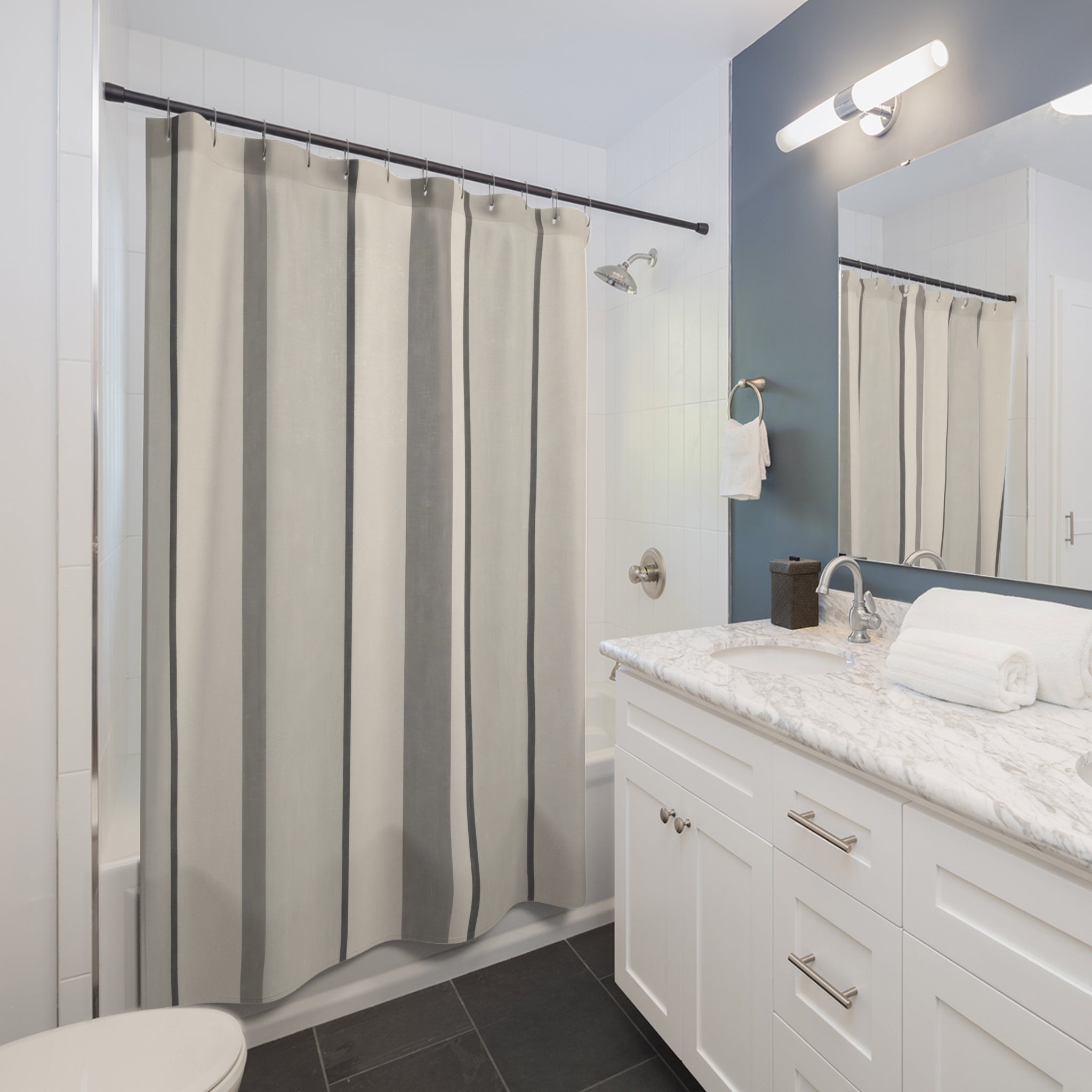 Classic Grey Stripe Shower Curtain, Grey Ivory Classic Bathroom Decor, Modern Stripe Bath Curtain, Guest Bath Decor, Small Bathroom Decor