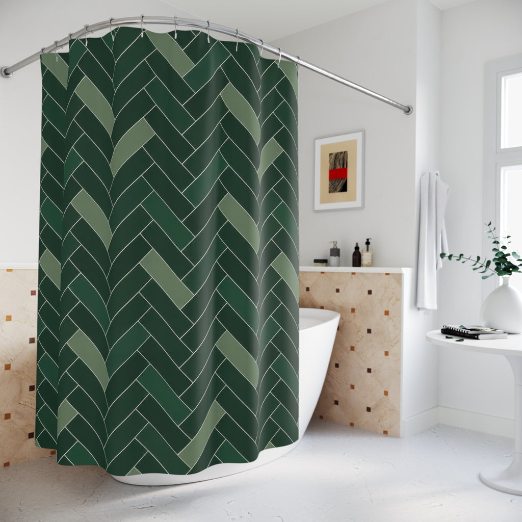 Dark green herringbone with sage bars and ivory lines shower curtain beside a freestanding tub